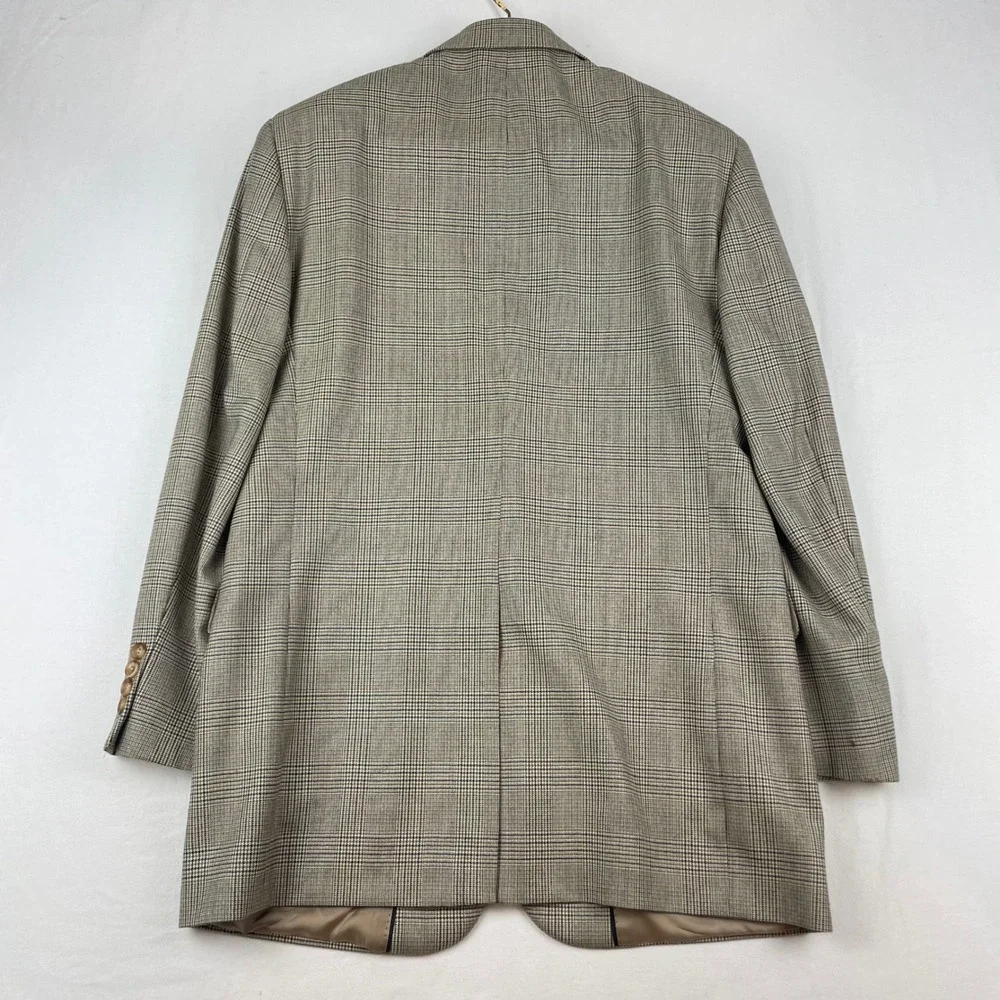Brooks Brothers 1818 Madison Saxon Wool Glen Plaid Blazer Tan Brown 40L 32184026